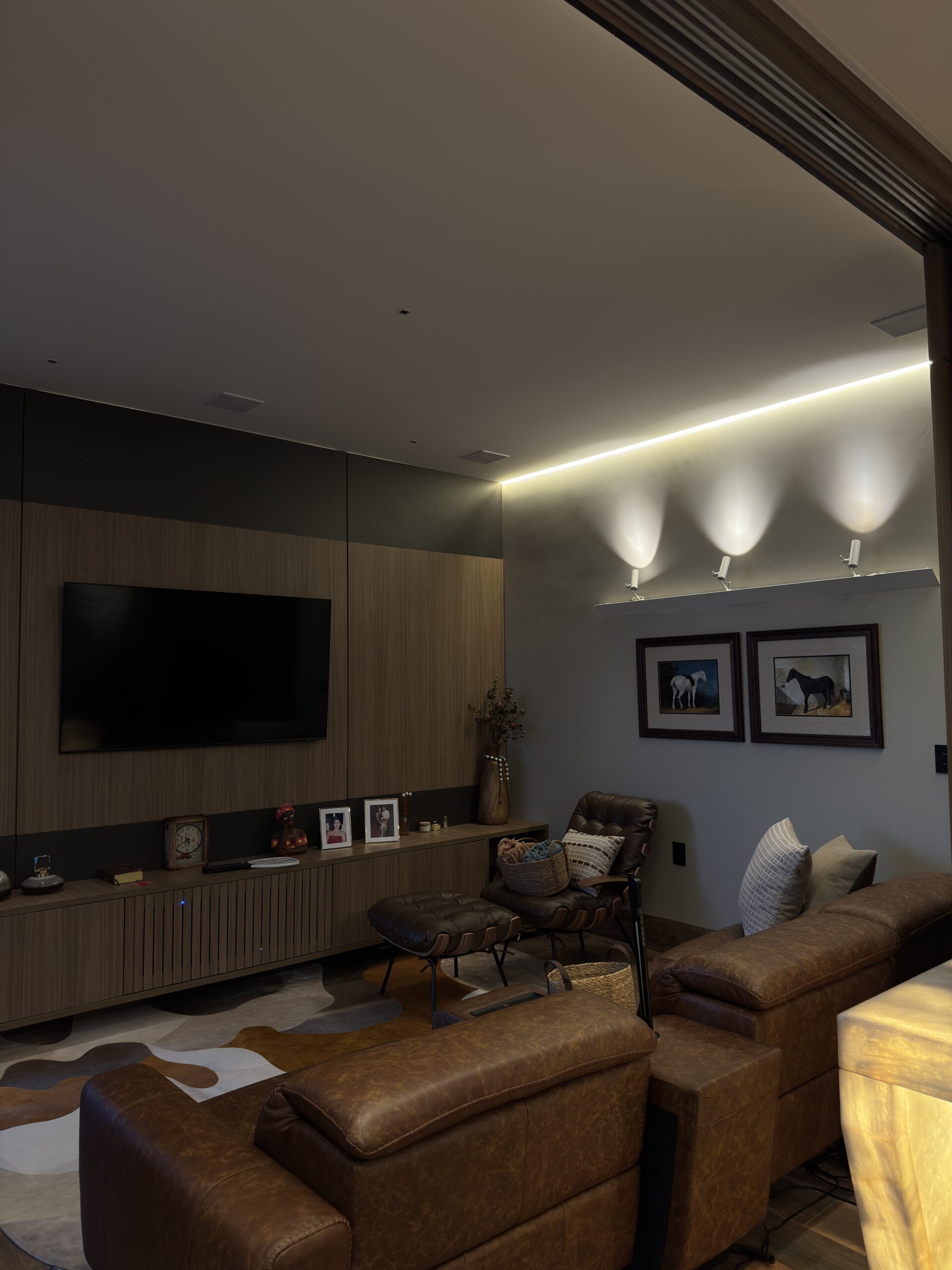 Sala com televisão e sistema de áudio integrado